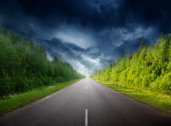 Stormy sky and road in forest