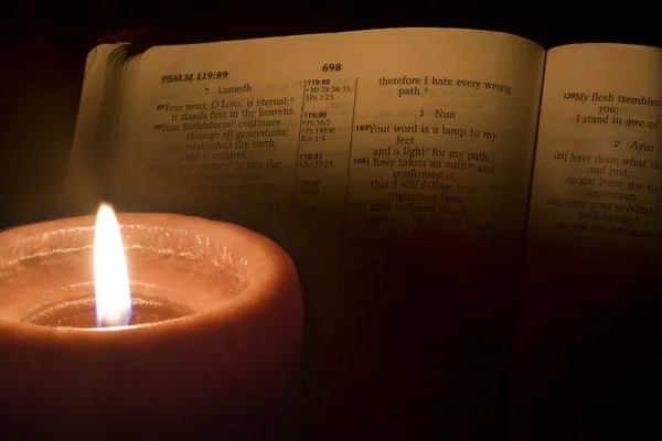 Bible lit by candle