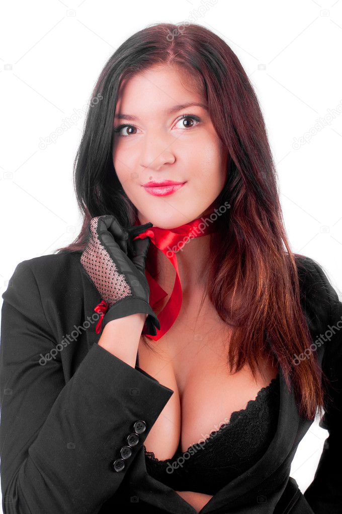 A beautiful sexy gril in a black anderwear with a red bow on her neck 