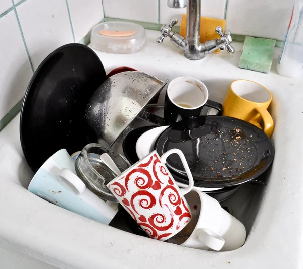 The dirty dishes in the sink