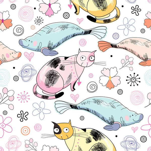 Seamless pattern of the cats and marine animals by tanor - Grafika wektorowa