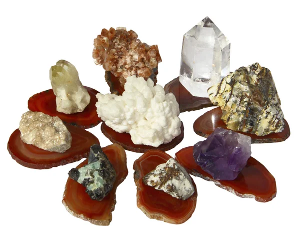 Minerals and crystals on stone plates