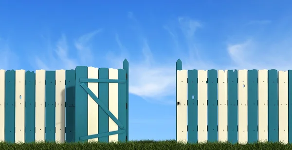 Blue andwhite wooden fence with gate on sky background