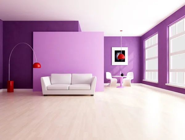 Minimalist purple living room with dining space