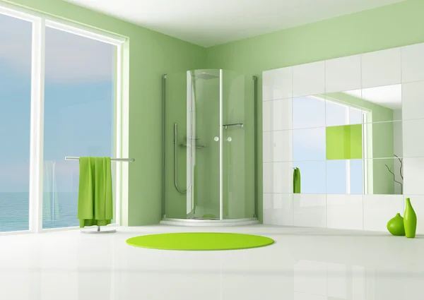 Green bathroom with cabin shower