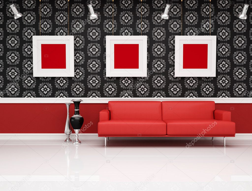 Klassische einrichtung mit modernen rote couch — stockfoto ...