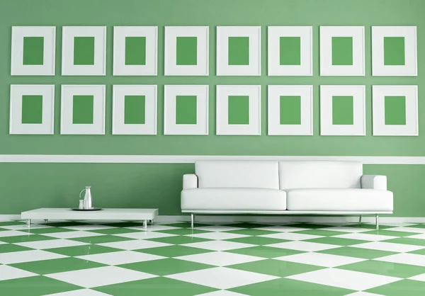 White sofa on green and white chessboard floor