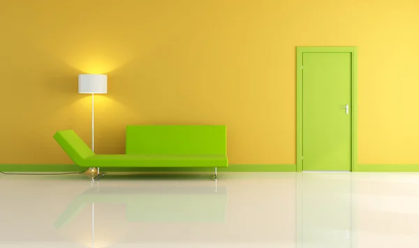 Yellow living room with green door