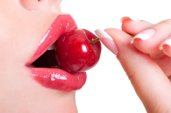 Sexy lips with cherry by Dmytro Konstantynov Stock Photo