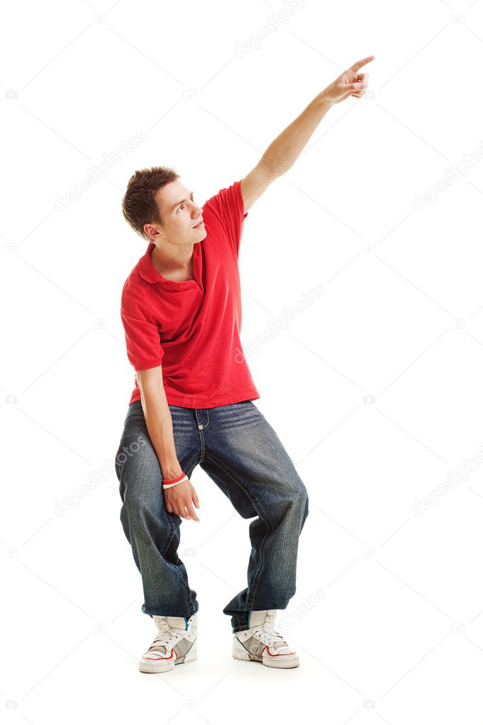 Cool guy pointing at something isolated on white