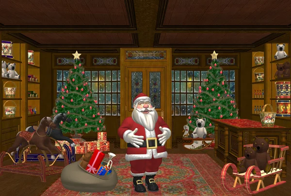 Happy santa with a lot of gifts in a shopping room
