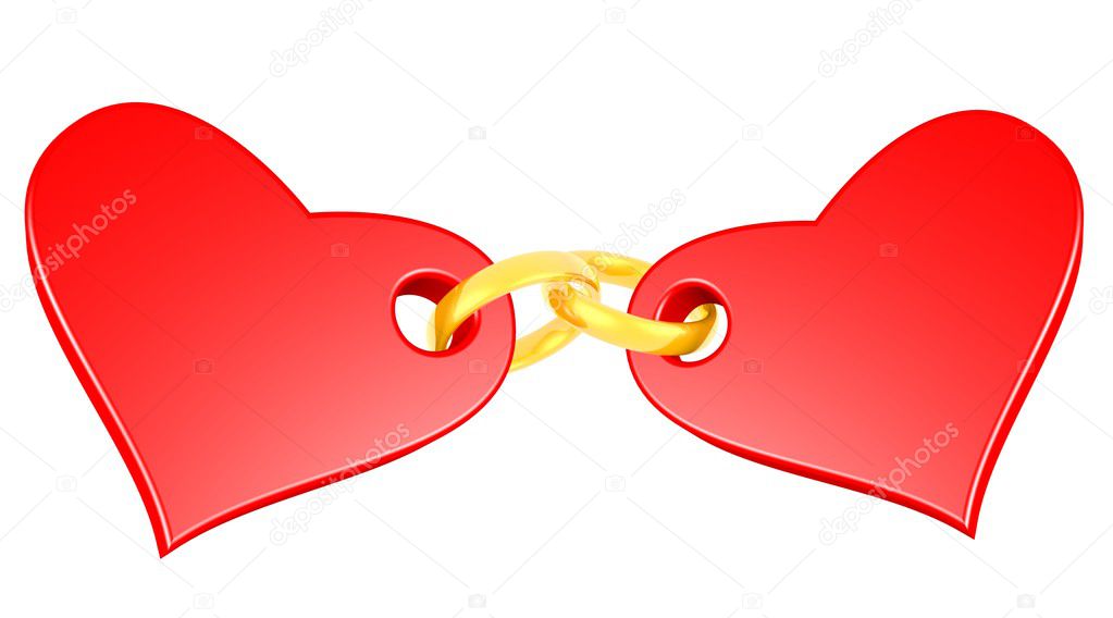 Hearts are connected by wedding rings on a white background