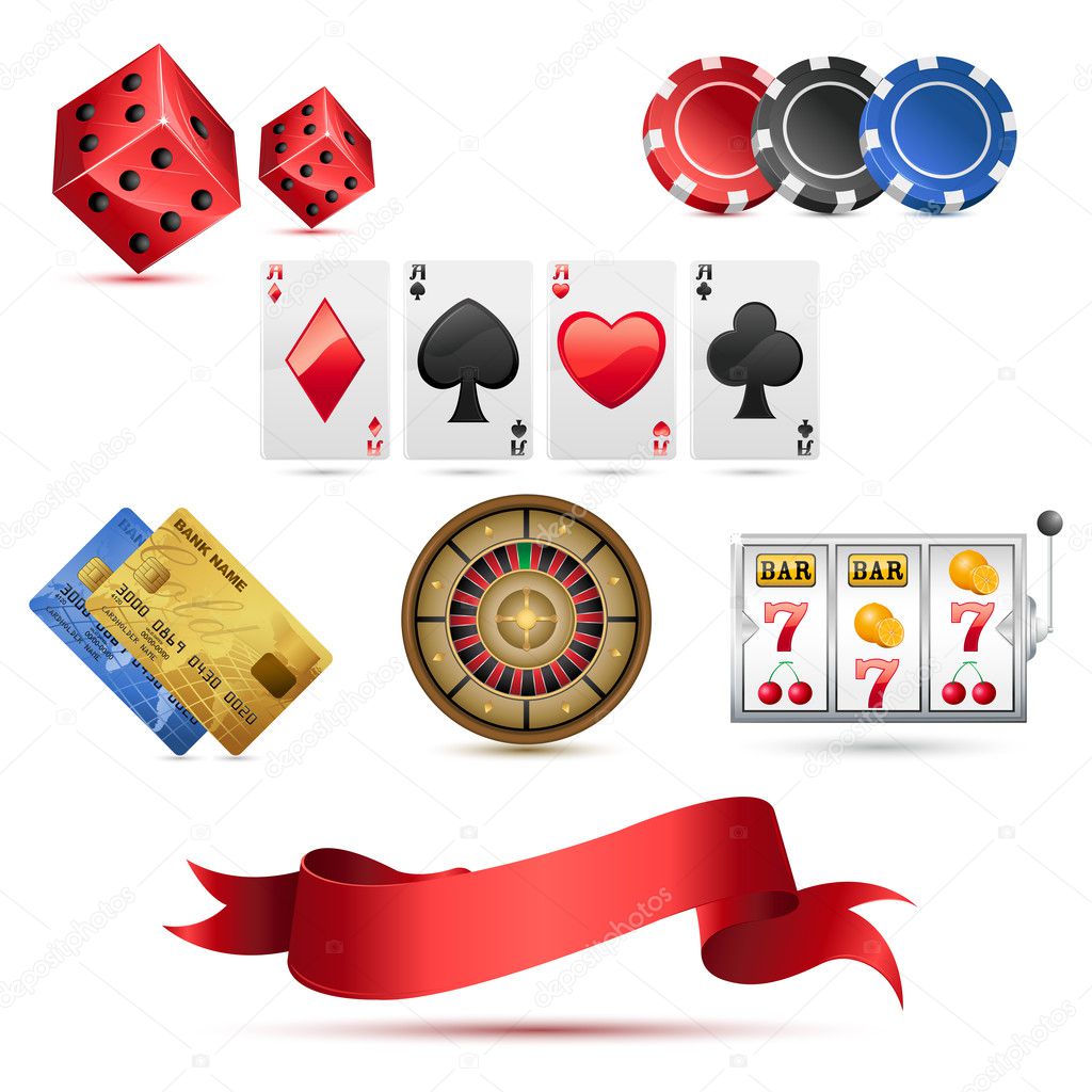 Illustration of set of casino icons on isolated white background