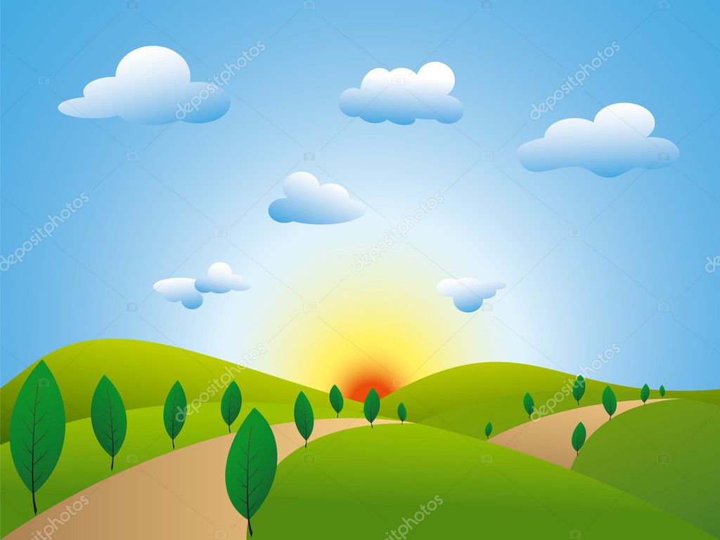 Springtime landscape green fields trees with blue sky - Stock 