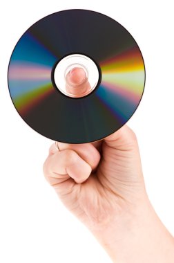 erkek beyaz zemin üzerine izole el içinde DVD disk