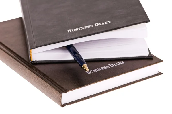 棕色商务日记与孤立在白色背景上的钢笔 — 图库照片