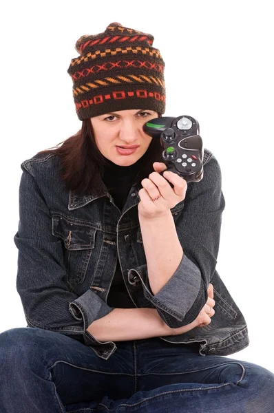 Woman Gamer Joystick Isolated White Background — Stock Photo, Image