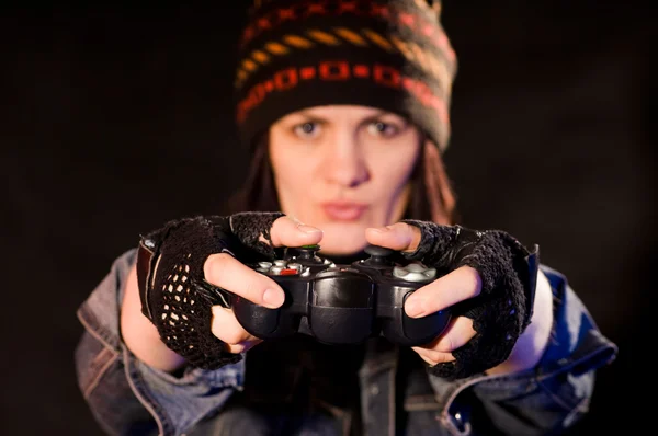 Vrouw Gamer Met Joystick Donkerder Achtergrond — Stockfoto