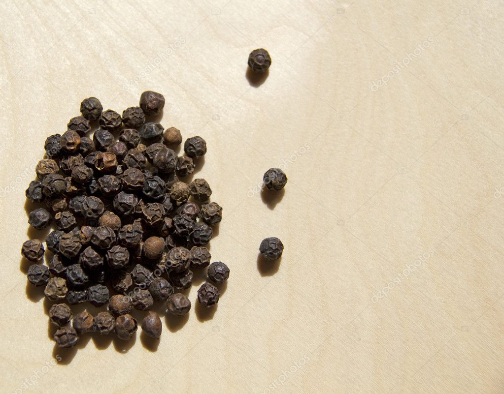 Black pepper grain on white wood background ⬇ Stock Photo, Image by