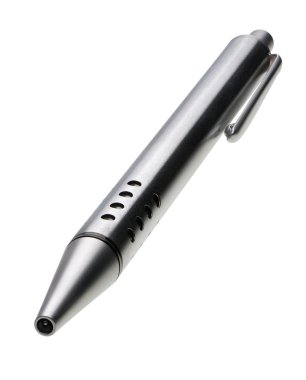 Shiny steel ball-point pen and its reflection in the glass surface, hyper DoF. clipart