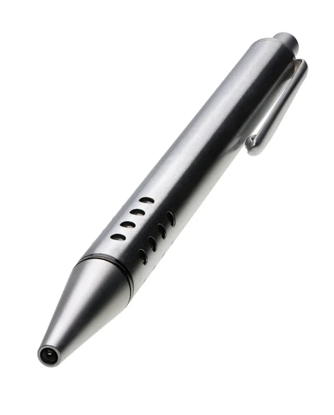 Shiny Steel Ball Point Pen Its Reflection Glass Surface Hyper — Stock Photo, Image