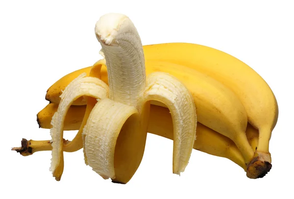 Vier Gele Bananen Een Witte Achtergrond Geïsoleerd — Stockfoto