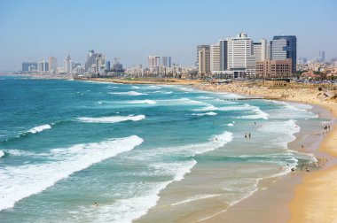 Sea coast and the view of the Tel Aviv from Old Jaffa at the evening clipart