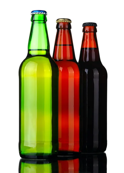 Botellas Cerveza Lager Cerveza Oscura Vidrio Marrón Verde Aisladas Sobre —  Fotos de Stock
