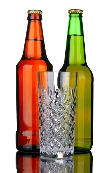 Brown Green Bottles Lager Beer Glass Isolated White Background — Stock Photo, Image