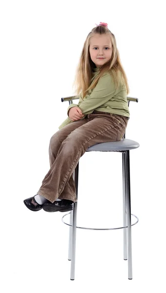 Girl Long Blonde Hair Sitting High Chair Isolated White Background — Stock Photo, Image