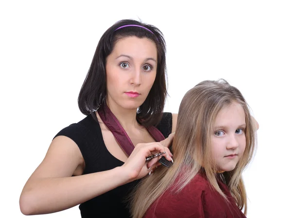 年轻女子理发让发型隔离在白色背景上的女孩 — 图库照片