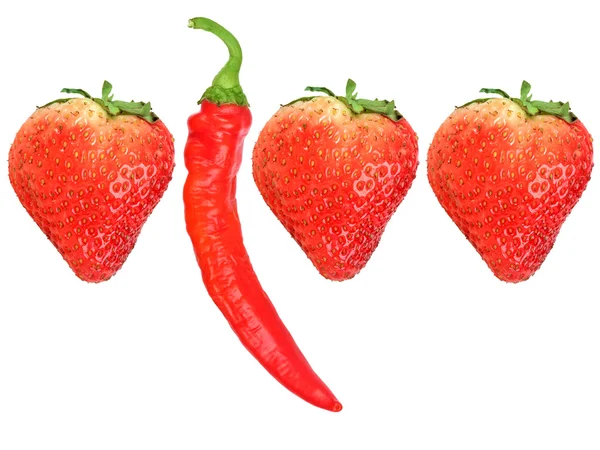 Fresh strawberryes and red chili-pepper — Stock Photo, Image