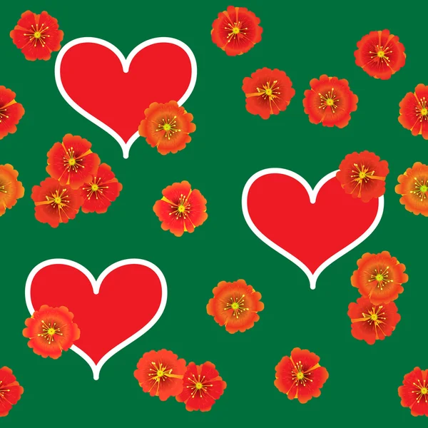 Bakgrund med röda hjärtan och orange blommor — Stock vektor