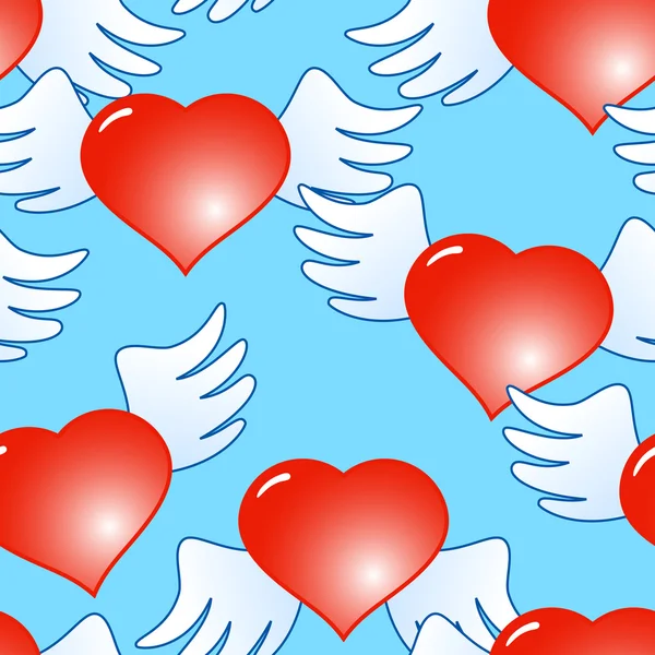День Святого Валентина Синя Абстрактним Фоном Червоні Серця Крилами Безшовні — стоковий вектор