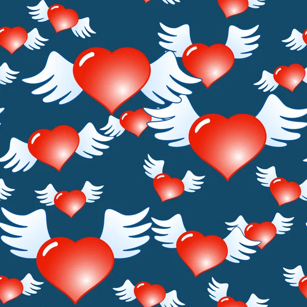 バレンタインデーの抽象紺地赤の心を翼の シームレスなパターン ベクトル イラスト — ストックベクタ