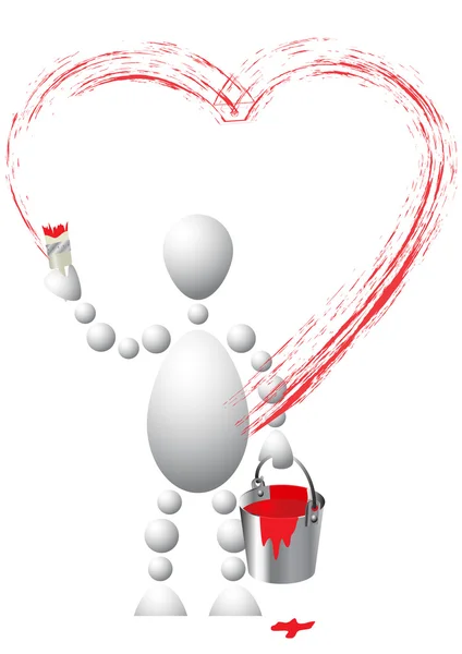 El hombre con un cubo de pintura roja dibuja el corazón — Vector de stock