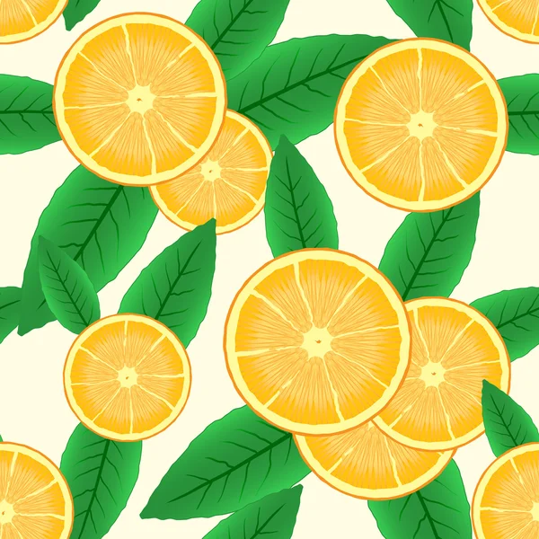 Streszczenie Tło Owoców Cytrusowych Plastry Pomarańczowy Zielony Liść Wzór Ilustracja — Wektor stockowy