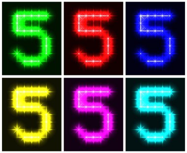 Motley set a glowing symbol of the number 5 on black background for your design. Vector illustration. EPS-10. clipart