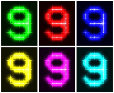 Set a glowing symbol of the number 9 clipart