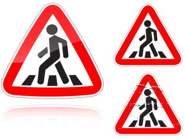 Set of variants a Approaching unregulated pedestrian crossing road sign isolated on white background. Group of as fish-eye, simple and grunge icons for your des clipart