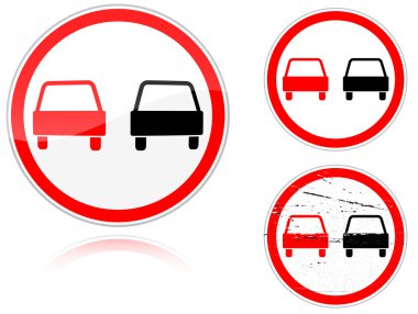 Set of variants a No passing - road sign isolated on white background. Group of as fish-eye, simple and grunge icons for your design. Vector illustration. clipart