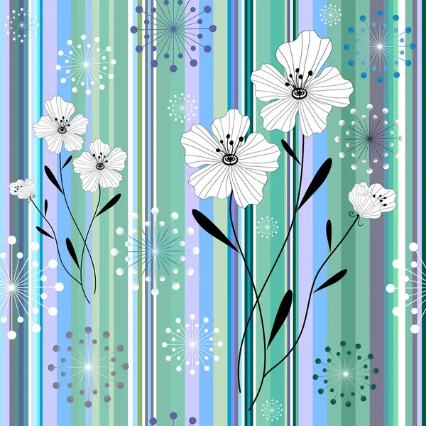 Seamless white-blue floral striped pattern — Stock Vector