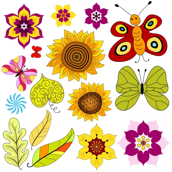 Zestaw dekoracyjny na białym tle, kwiaty i motyle Wektor Stockowy