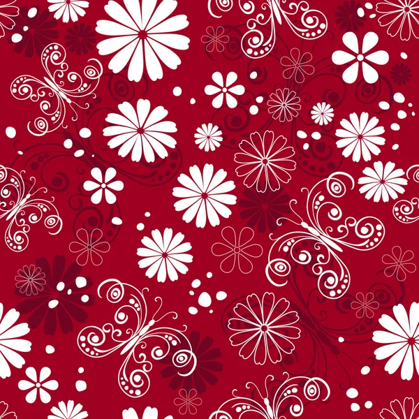 Sömlös röd-vit blommönster — Stock vektor