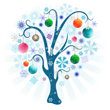 Christmas tree with snowflakes and balls and beams on a white background (vector) clipart