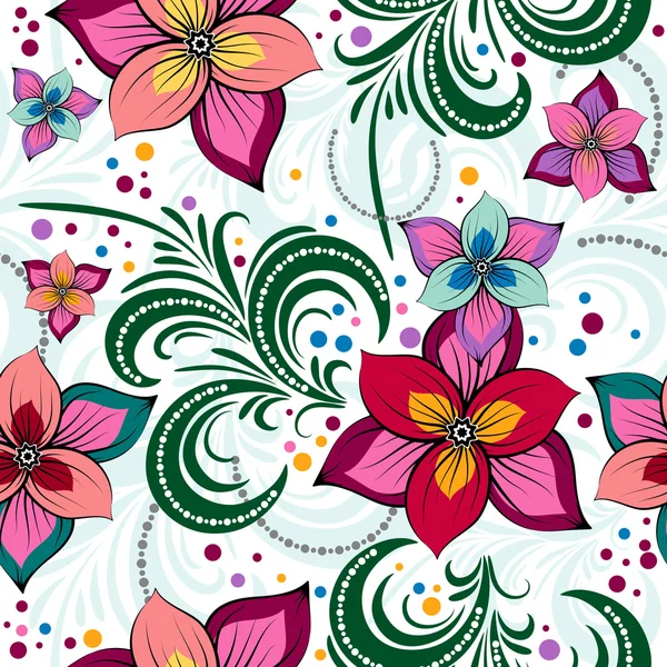 多彩的花朵和卷曲的植物生动 轻松的图案 — 图库矢量图片