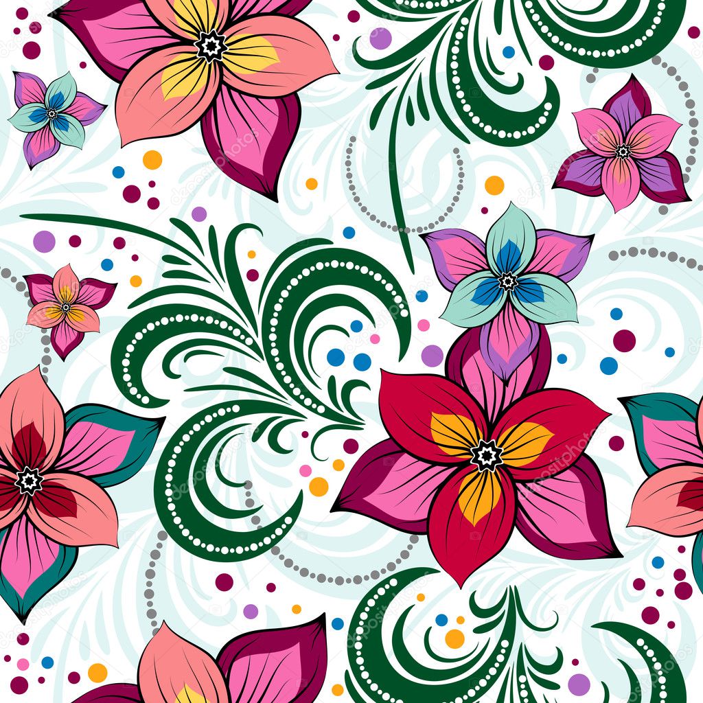Floral vivid effortless pattern with colorful flowers and curls (vector)