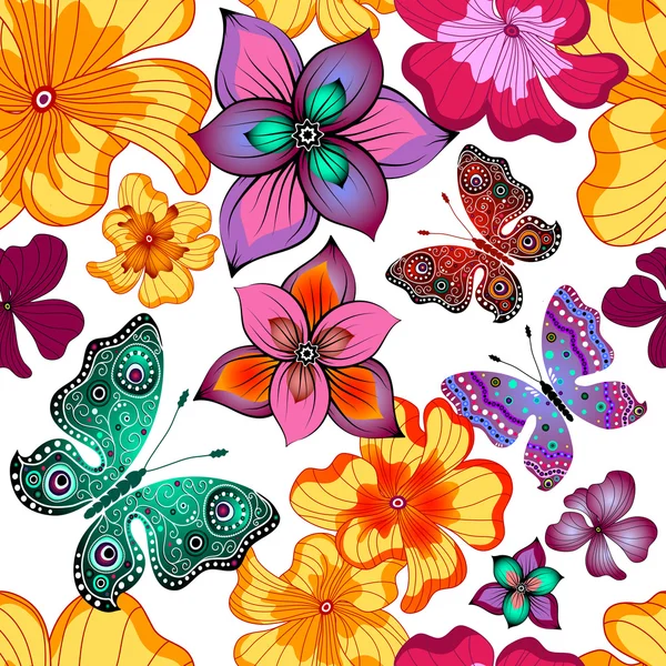 Våren Upprepande Vitt Blommönster Med Levande Blommor Och Fjärilar Vektor — Stock vektor