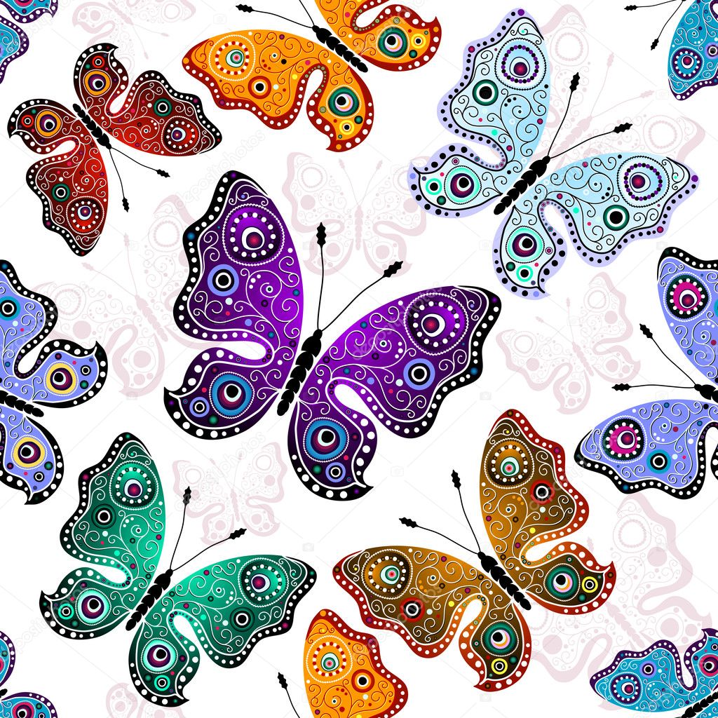 Effortless white pattern with colorful butterflies (vector)