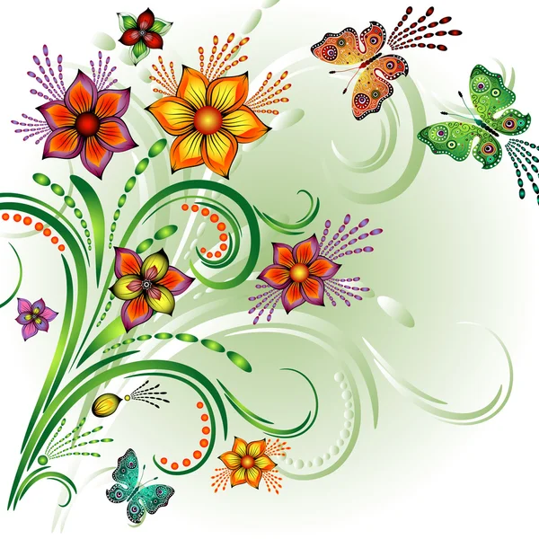 Marco Primavera Brillante Con Flores Mariposas Vector — Vector de stock